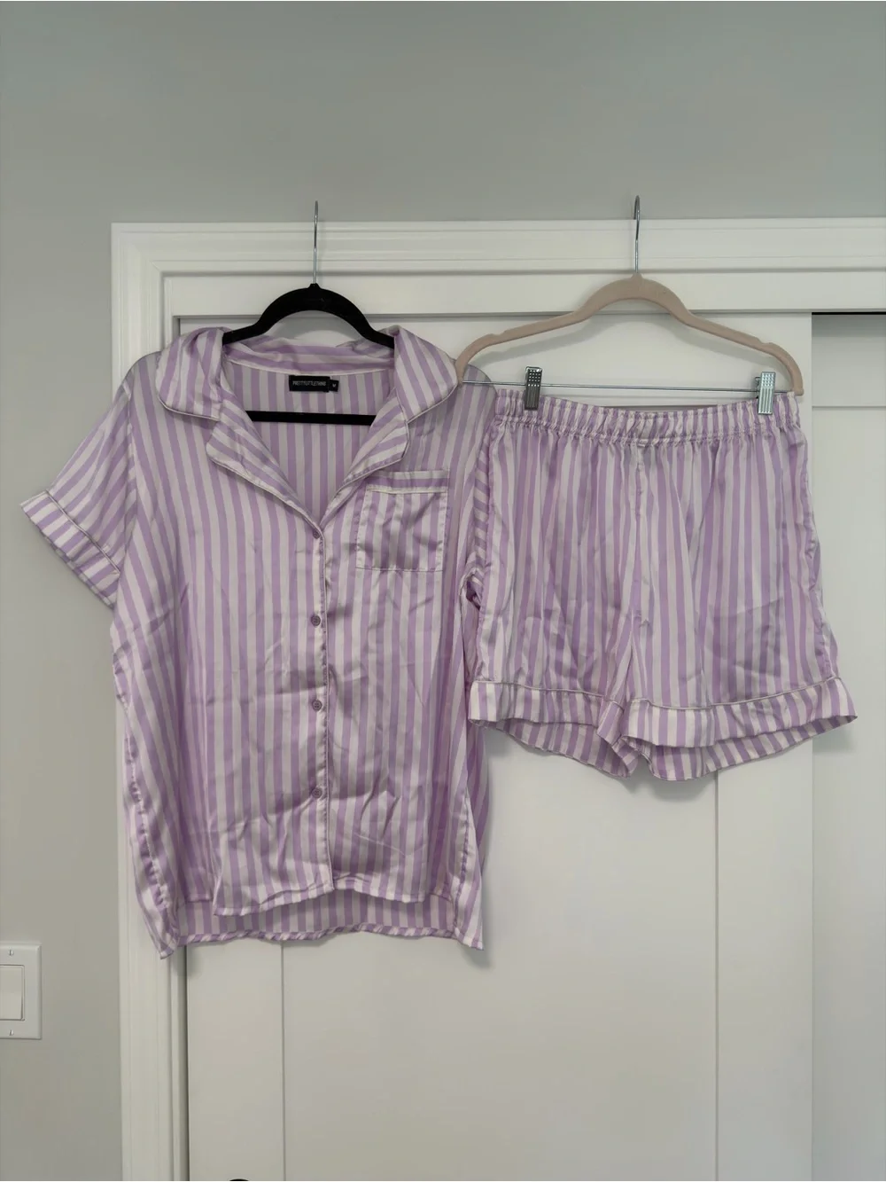 PrettyLittleThing Lavender and White Striped Satin Short Pajama Set